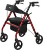A red rollator walker with a seat and storage bag, shown against a white background.