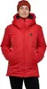 Rote W Belay Parka von Black Diamond; getragen von einer Frau mit Kapuze und Taschen; vor schwarzem Hintergrund.