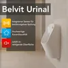 A white urinal mounted on a tiled wall, with marketing text and icons on the left. Produktbild-Vorschau
