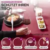 A person is holding a glass of red wine on a red tablecloth, with food and a candle in the background. The image also shows icons and text highlighting product features. Produktbild-Vorschau