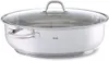 A stainless steel oval casserole dish with a glass lid and handles, shown from a side-angle on a white background. Produktbild-Vorschau