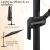 Instructions for opening and closing a patio umbrella, showing a closed umbrella and a close-up of the mechanism. Náhled obrázku produktu