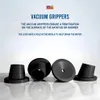 Four black vacuum gripper feet are displayed on a reflective surface against a light blue and white gradient background. Text describes the product's features. Produktbild-Vorschau