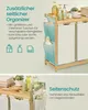 A split image showing a bamboo laundry basket with white fabric compartments and a side organizer with blue pockets. The top part focuses on the side organizer and its features, while the bottom part shows a closer view of the laundry basket with various b Produktbild-Vorschau
