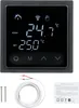 A smart thermostat with a digital display showing temperature readings and icons for Wi-Fi and home. It is shown with its accessories, including screws, a wire, and an instruction manual. Podgląd zdjęcia produktu