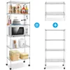 A multi-shelf metal storage unit with various kitchen items on its shelves, shown next to two smaller shelf units and mathematical symbols. Voir les images du produit