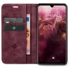 A burgundy flip case wallet for a smartphone, open to reveal credit cards and a banknote, with the smartphone screen displaying the time and date. Produktbild-Vorschau