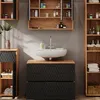 A modern bathroom vanity set with a sink, cabinets, and shelving. Produktbild-Vorschau
