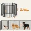 A diagram of a black metal dog playpen with dimensions indicated, followed by images of three dogs of different sizes within similar playpens. Podgląd zdjęcia produktu