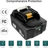 A close-up studio shot of a black power tool battery with various certification logos and feature icons. Produktbild-Vorschau