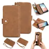 A collage of images showing a brown leather wallet case for a smartphone, with various angles and views of its features, including card slots and a phone holder. Produktbild-Vorschau