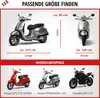 A size chart showing dimensions of a scooter and examples of different scooter models. Produktbild-Vorschau