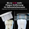 A split image showing a comparison of a manual toothbrush cleaning a tooth with plaque and an electric toothbrush cleaning a clean tooth, with text highlighting plaque removal. Produktbild-Vorschau