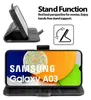 A black flip case for a Samsung Galaxy A03 phone, shown in both an open and closed state, with text highlighting its stand function. Náhľad obrázku produktu