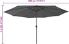 A large, dark grey patio umbrella with LED lights, shown open against a white background. Dimensions are indicated by purple lines and text. Produktbild-Vorschau