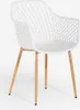 A white modern chair with wooden legs against a white background. Produktbild-Vorschau