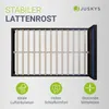 A top-down view of a bed frame with a slatted base, accompanied by marketing icons and text. Produktbild-Vorschau