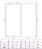 A diagram showing the dimensions of a sliding door with a table of measurements in centimeters and inches. Anteprima dell’immagine prodotto