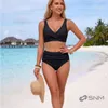 Bikiny s vysokým pasem - Dvoudílné plavky černé - Řasené Náhled obrázku produktu 12