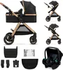 A collage of images showing a black and gold 3-in-1 stroller system with various accessories and configurations. Podgląd zdjęcia produktu