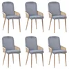 Six gray dining chairs with wooden legs and rattan accents are arranged in two rows of three against a white background. Produktbild-Vorschau
