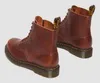 A pair of brown leather Dr. Martens boots are shown from a rear-diagonal angle against a white background. Produktbild-Vorschau