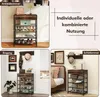 A collage of four images showing a shoe rack and wall organizer in different room settings: a closet, an entryway, and a bedroom. Text overlays indicate the room types and a general usage description. Anteprima dell’immagine prodotto