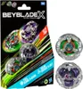 A product package for a Beyblade X toy set, with the toy itself visible through a clear plastic window. Two individual Beyblade toys are shown separately to the right of the package. Podgląd zdjęcia produktu