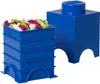 A blue storage brick container filled with colorful building blocks, next to a larger blue storage brick. Produktbild-Vorschau