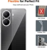 A clear phone case is shown with feature callouts. Podgląd zdjęcia produktu