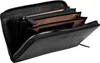 A black leather wallet is shown open, revealing its compartments. Anteprima dell’immagine prodotto