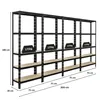 A long, black metal shelving unit with multiple shelves, some of which have black weight blocks on them, against a white background. Dimensions are indicated by text labels. Produktbild-Vorschau