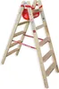 A wooden stepladder with a red tool bag attached. Produktbild-Vorschau