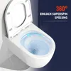A close-up view of a modern white toilet with the lid up, showing water swirling inside the bowl, with marketing text overlayed. Produktbild-Vorschau