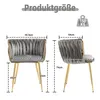 Two views of a gray velvet chair with gold metal legs, with dimensions indicated by lines and text. Anteprima dell’immagine prodotto