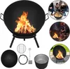 A collage of images showing a black fire pit with a fire burning, people gathered around a fire pit in the snow, a man sitting by a fire pit, and various components of the fire pit. Produktbild-Vorschau