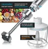 A close-up marketing image of an immersion blender and its accessories, with text highlighting features. Produktbild-Vorschau