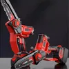 Two red and black mini chainsaws are displayed against a dark background. Produktbild-Vorschau