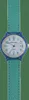 A close-up of a child's watch with a blue casing and a teal fabric strap, set against a plain green background. Produktbild-Vorschau