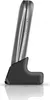 A side view of a gray and silver mobile phone in a black charging dock, isolated on a white background. Podgląd zdjęcia produktu