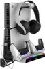 A white charging stand for a PlayStation 5 console, holding two controllers and a pair of headphones. Produktbild-Vorschau