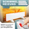 A white panel heater is shown in a room, with orange heat waves emanating from it. A hand is shown pressing a red power button on a separate device. Produktbild-Vorschau