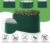 A collage of images showing different shapes and sizes of a green metal raised garden bed, with a close-up detail of the construction and icons representing product features. Voir les images du produit