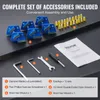 A collection of accessories for a concrete grinder, laid out on a dark surface with a white instruction manual. Produktbild-Vorschau