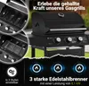 A black gas grill is shown with close-up insets of its interior and marketing text and icons at the bottom. Náhled obrázku produktu