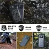 Collage of images showing a rugged smartphone in various outdoor environments and highlighting its certifications. Produktbild-Vorschau