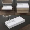 A collage of three images showing a modern white mineral sink with a wooden cabinet or shelf. Produktbild-Vorschau