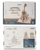 The image shows the front and back of a product box for a ROKR Magic Cello 3D mechanical wooden puzzle. Voir les images du produit