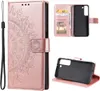 A collage of images showing a rose gold flip phone case with a mandala design, including interior card slots and a phone holder. Produktbild-Vorschau