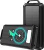 A solar power bank with integrated cables and a wireless charging pad is shown, with a second power bank in the background. Produktbild-Vorschau